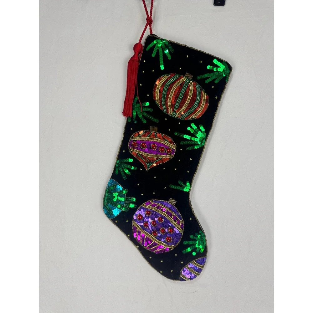 Prima Creations Velvet‎ Christmas Stocking Set Beaded Sequin Ornament Black Red